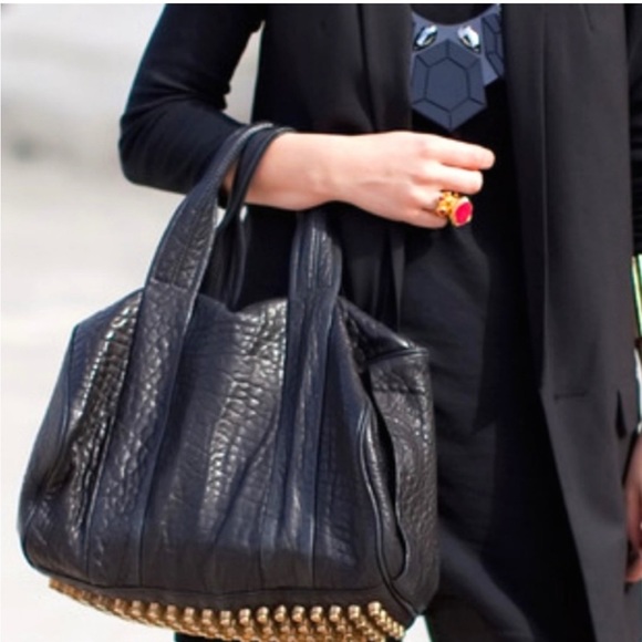 Alexander Wang Handbags - Alexander Wang Rocco Studded Duffel Purse Handbag Black Pebbled Leather Satchel